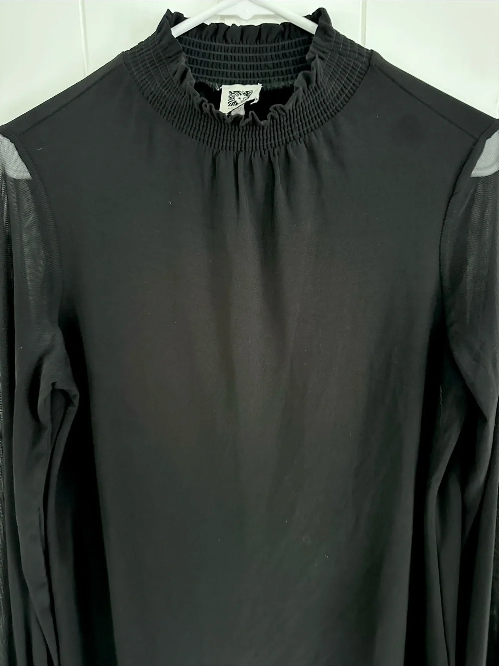 Anne Klein Black Mock Neck Top with Sheer Long Sleeves - Picture 2 of 10